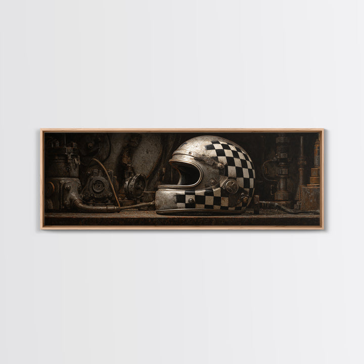 Racing Helmet with Checkered Flag Pattern Framed Canvas Print, Garage Art, Automotive Decor, Garage Decor, Fine Art, Motor, GAR-3x1-12