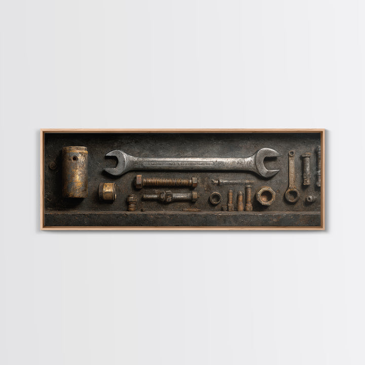Wrench and Bolts Arranged Like Old Master Canvas Print, Garage Art, Canvas Wall Art, Garage Decor, Abstract Art, Motor, GAR-3x1-34