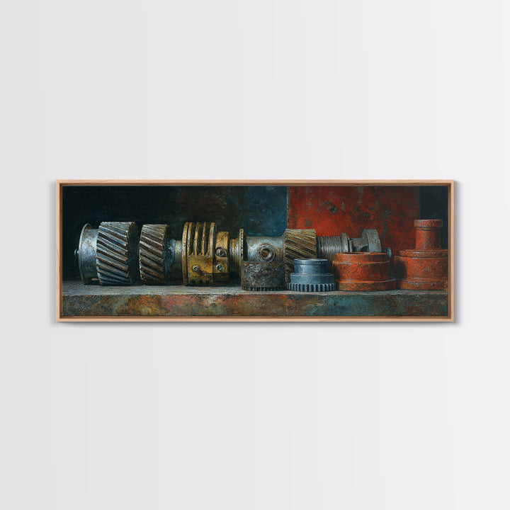 Camshaft and Gears Industrial Still Life Framed Canvas Print, Garage Art, Contemporary Art, Garage Decor, Fine Art, Motor, GAR-3x1-55