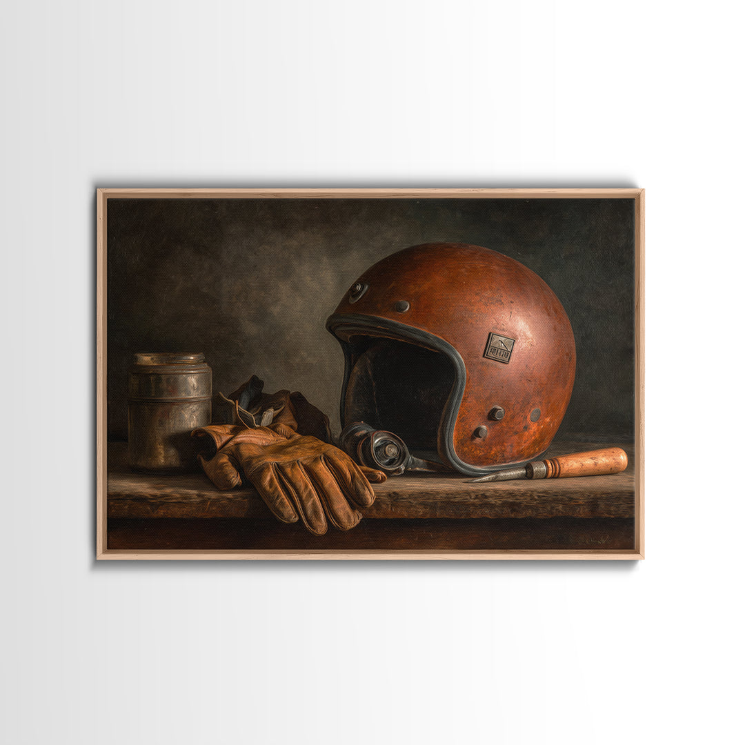 Motorcycle Helmet and Leather Gloves Still Life Canvas Print, Garage Art, Black and White Art, Garage Decor, Motor, Boho Decor, GAR-3x2-13