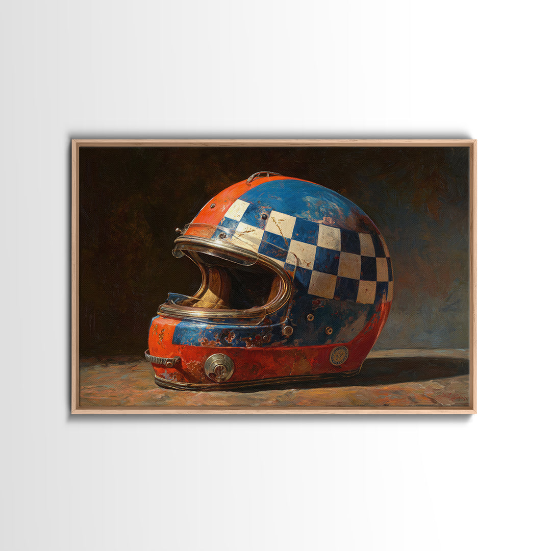 Racing Helmet with Checkered Flag Pattern Framed Canvas Print, Garage Art, Black and White Art, Garage Decor, Fine Art, Motor, GAR-3x2-24