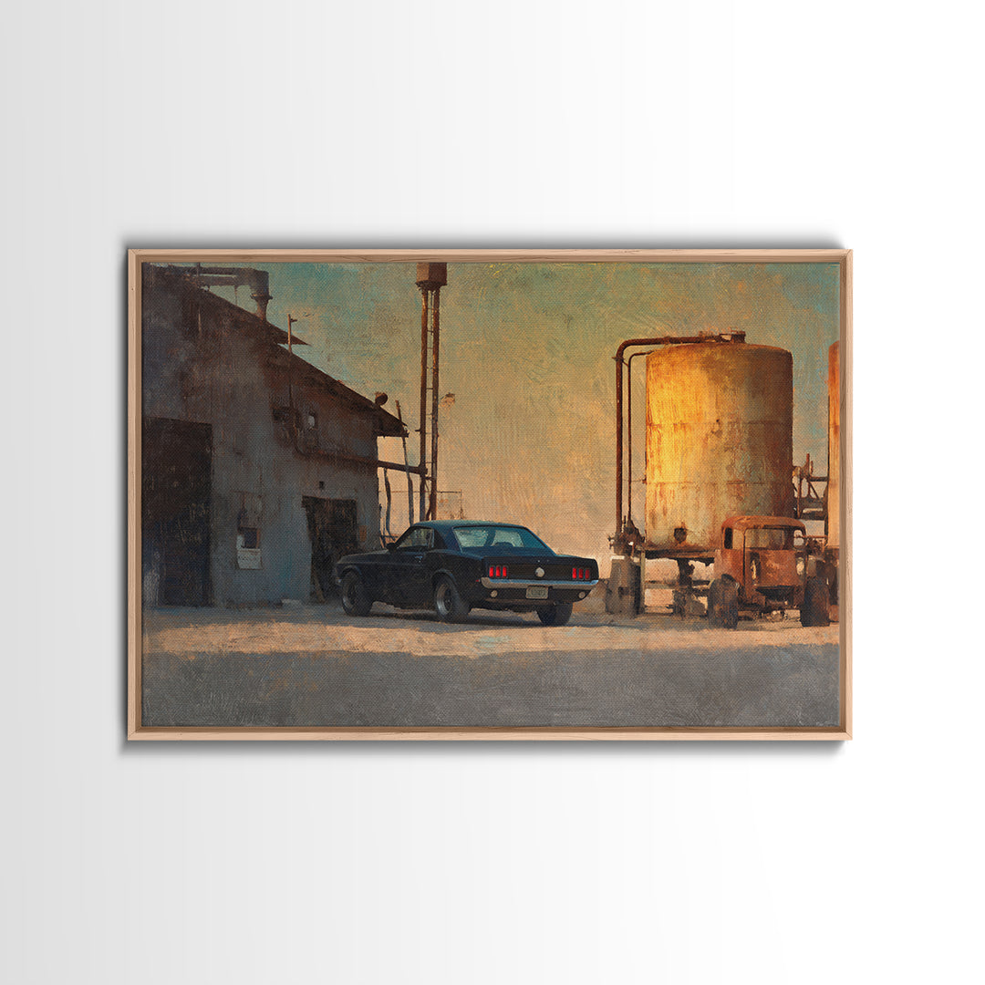 Desert Highway with Muscle Car Silhouette Framed Canvas Print, Garage Art, Game Room Decor, Garage Decor, Fine Art, Motor, GAR-3x2-25