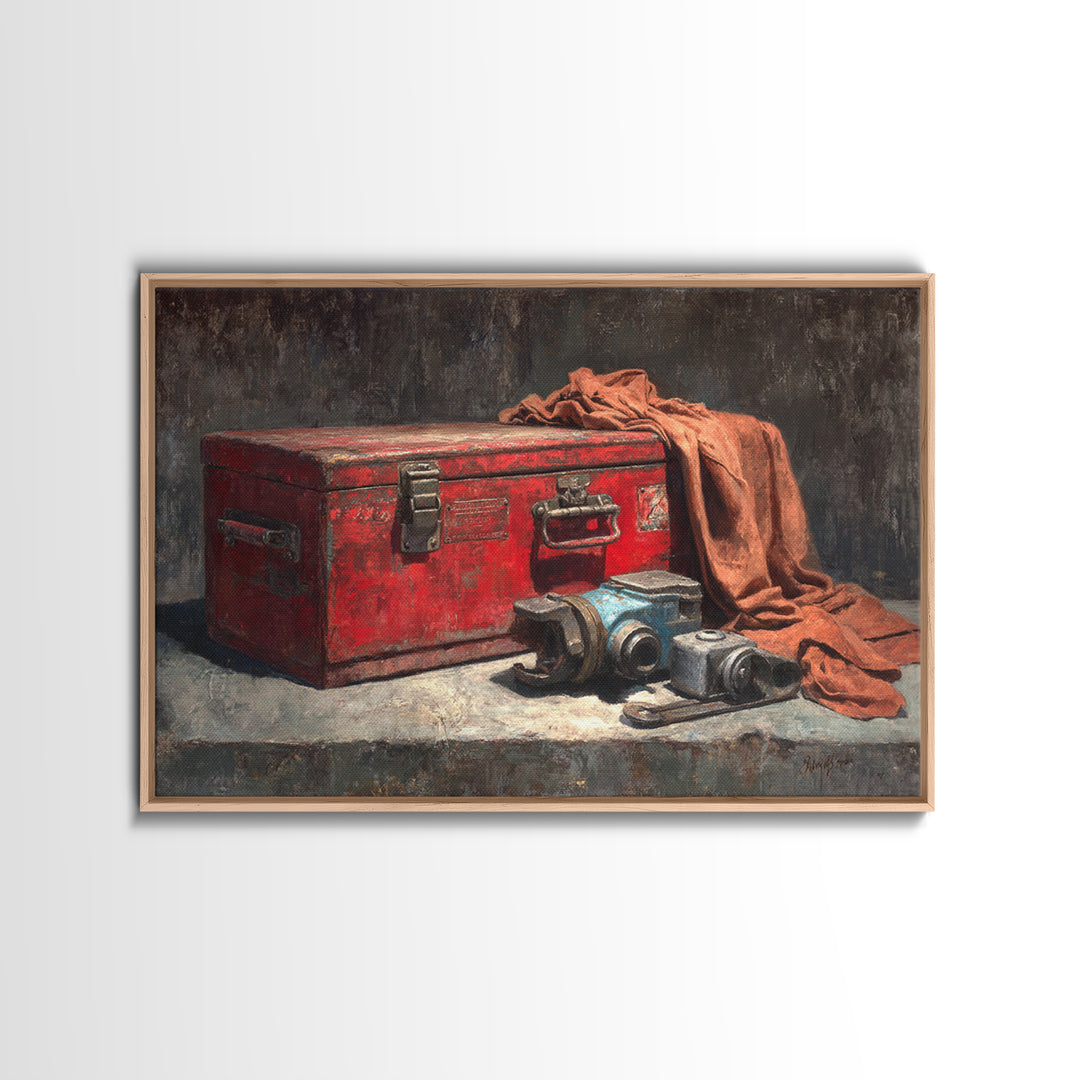 Old Toolbox with Oil Stained Rag Still Framed Canvas Print, Garage Art, Automotive Decor, Garage Decor, Fine Art, Motor, GAR-3x2-31