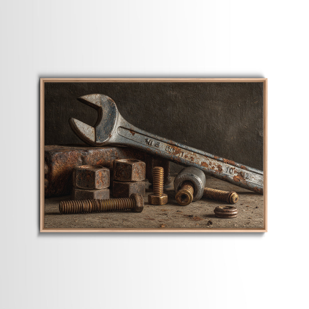 Wrench and Bolts Arranged Like Old Master Canvas Print, Garage Art, Industrial Wall Art, Garage Decor, Abstract Art, Motor, GAR-3x2-94