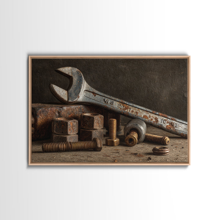 Wrench and Bolts Arranged Like Old Master Canvas Print, Garage Art, Industrial Wall Art, Garage Decor, Abstract Art, Motor, GAR-3x2-94