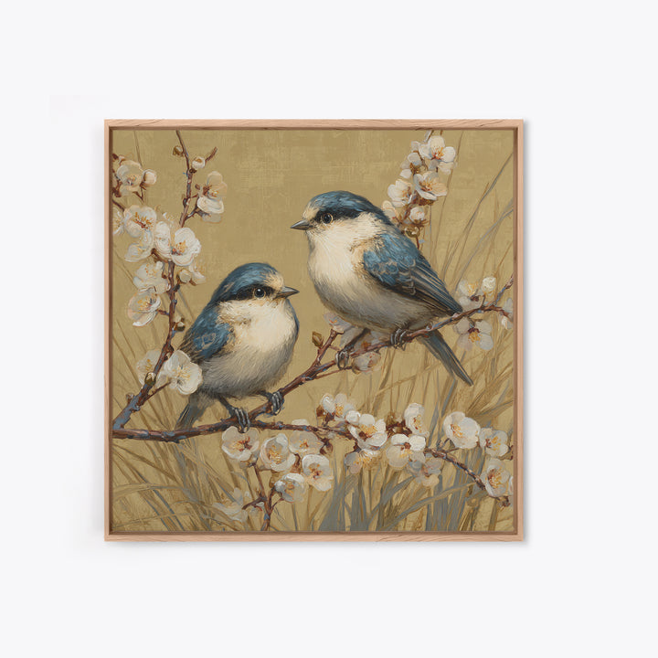 Small Bird Pair on Flowering Branch Framed Canvas Print, Guest Bedroom Art, Living Room Wall Art, Bedroom Decor, Watercolor Art, GBA-1x1-52