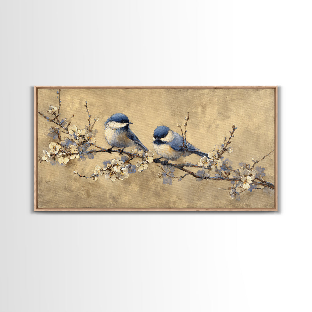 Small Bird Pair on Flowering Branch Framed Canvas Print, Guest Bedroom Art, Bedroom Decor, Oil Painting, Guest, GBA-2x1-24