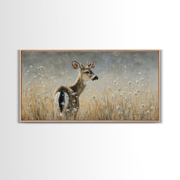 Sunlit Meadow with Delicate Flowers Framed Canvas Print, Guest Bedroom Art, Bedroom Decor, Oil Painting, Guest, GBA-2x1-83