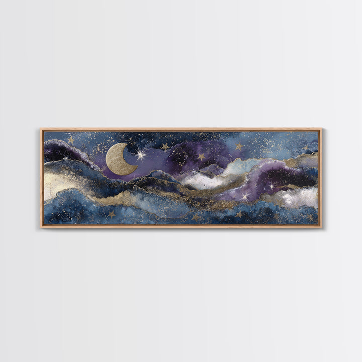 Minimal Moon and Stars Composition Framed Canvas Print, Guest Bedroom Art, New Home, Bedroom Decor, Watercolor Art, Guest, GBA-3x1-32