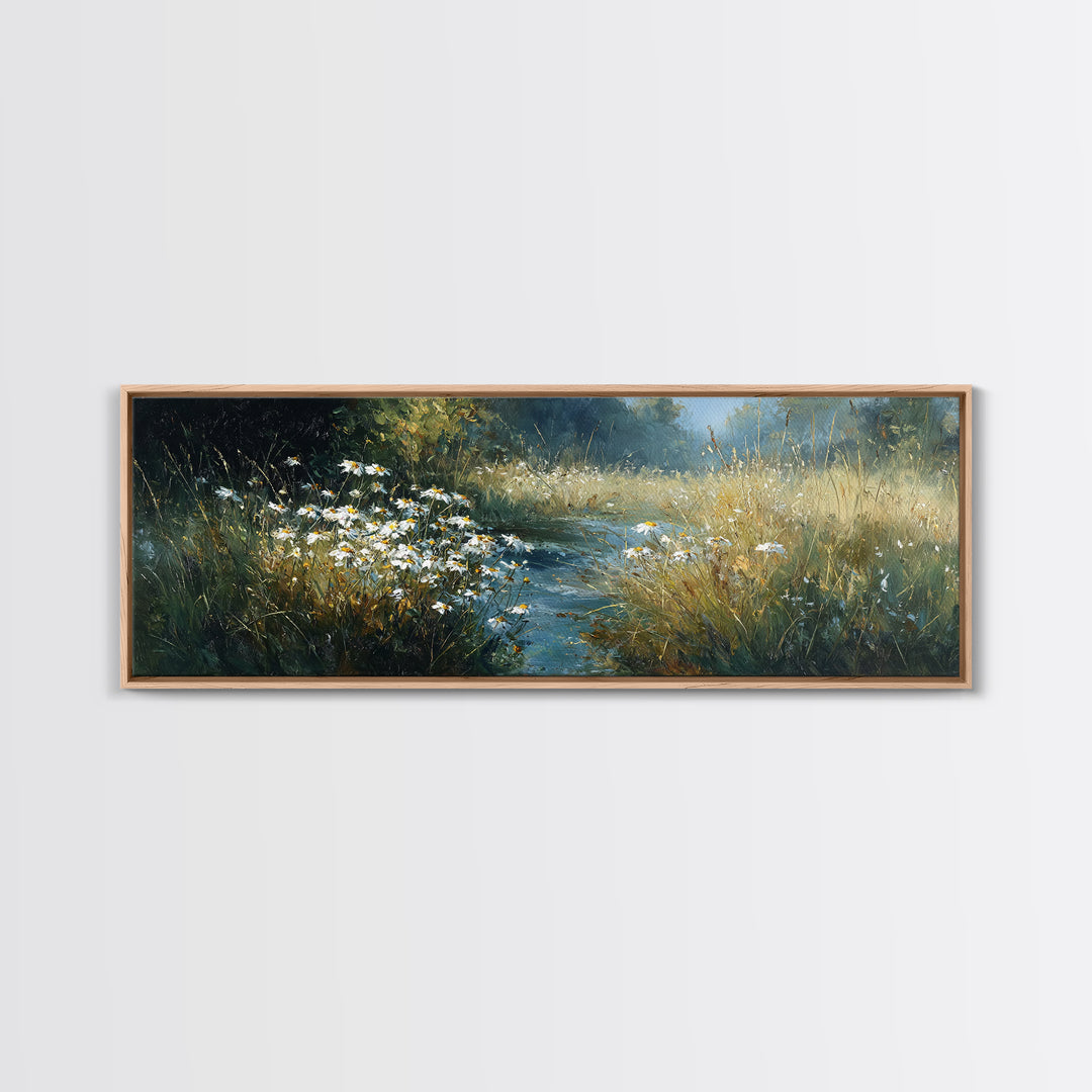 Sunlit Meadow with Delicate Flowers Framed Canvas Print, Guest Bedroom Art, Bedroom Decor, Oil Painting, Guest, GBA-3x1-55
