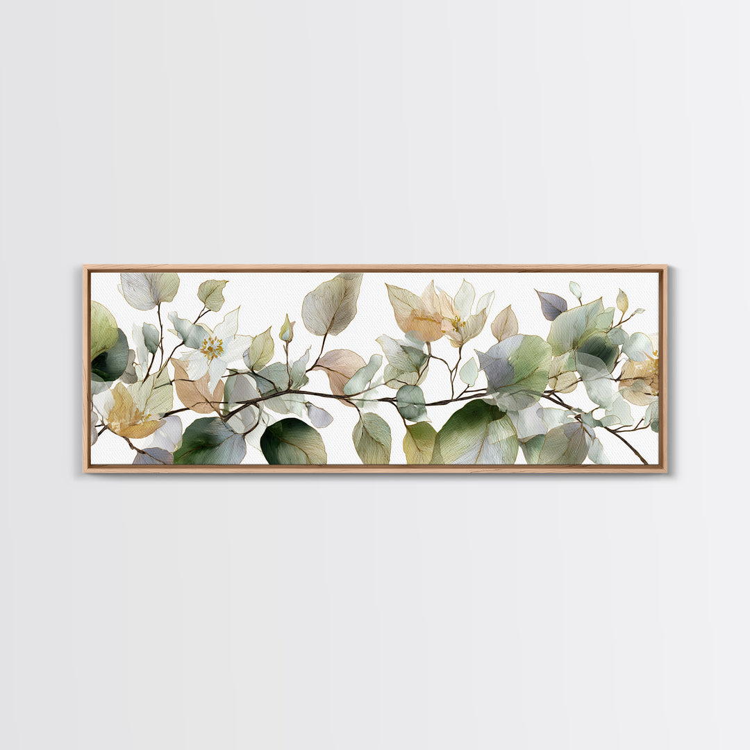 Calming Eucalyptus Watercolor Branches Framed Canvas Print, Guest Bedroom Art, Pink Wall Art, Bedroom Decor, Fine Art, Guest, GBA-3x1-74