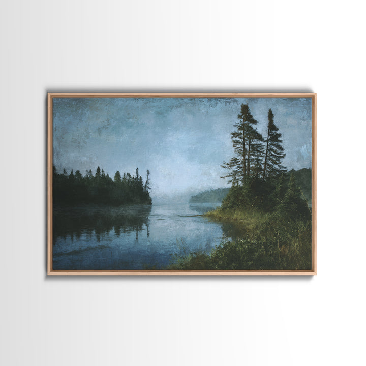 Quiet Lake Landscape at Early Morning Framed Canvas Print, Guest Bedroom Art, Bedroom Decor, Fine Art, Guest, Above Bed Decor, GBA-3x2-6