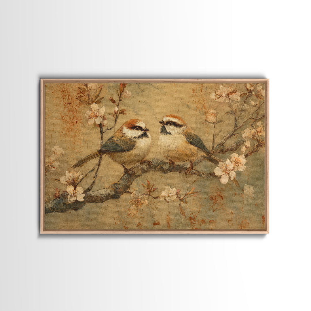 Small Bird Pair on Flowering Branch Framed Canvas Print, Guest Bedroom Art, Statement Artwork, Bedroom Decor, Fine Art, Guest, GBA-3x2-80