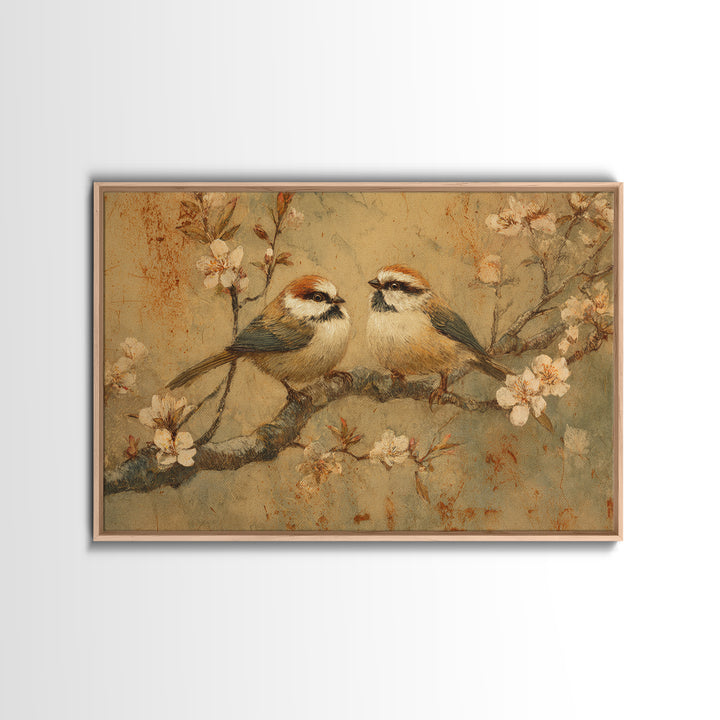 Small Bird Pair on Flowering Branch Framed Canvas Print, Guest Bedroom Art, Statement Artwork, Bedroom Decor, Fine Art, Guest, GBA-3x2-80