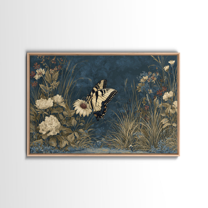 Garden Butterfly and Flowers Specimen Study Framed Canvas Print, Guest Bedroom Art, Minimalist Decor, Bedroom Decor, Guest, GBA-3x2-99