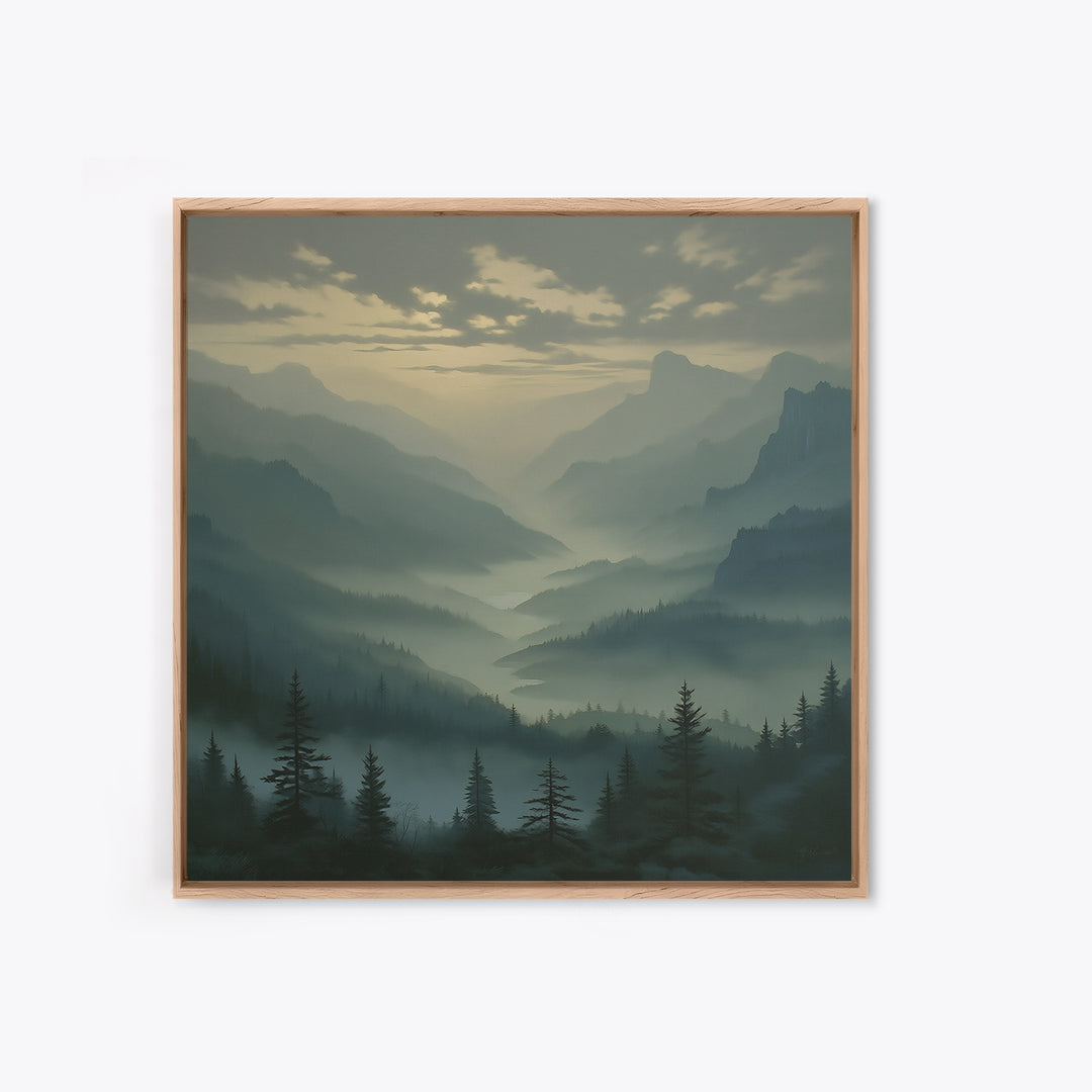 Misty Mountain Valley Framed Canvas Print, General Fine Art, Decor, Living Room Decor, Fine Art, Digital Wall Art, GEN-1x1-28