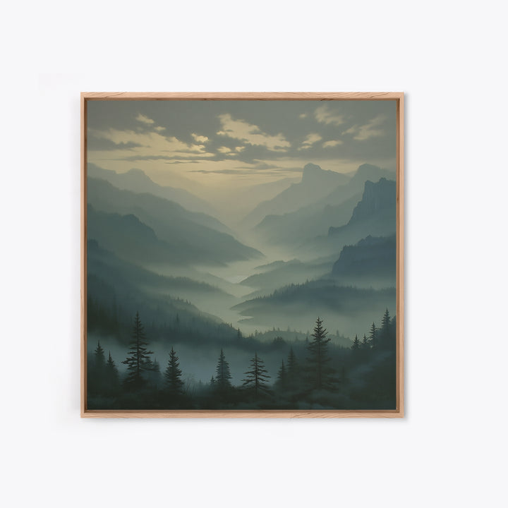 Misty Mountain Valley Framed Canvas Print, General Fine Art, Decor, Living Room Decor, Fine Art, Digital Wall Art, GEN-1x1-28