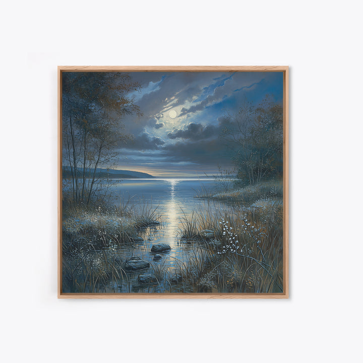 Dreamlike Moonlit Lake Framed Canvas Print, General Fine Art, Boho Decor, Living Room Decor, Fine Art, Wall Decor, GEN-1x1-61