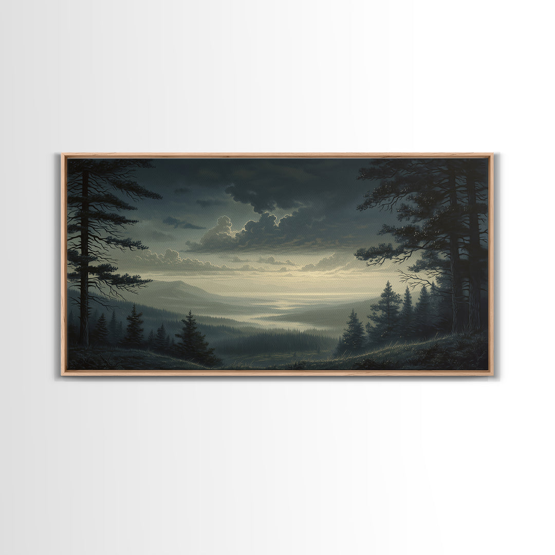 Moody Forest Clearing Framed Canvas Print, General Fine Art, Contemporary Art, Living Room Decor, Fine Art, Digital Art, GEN-2x1-28
