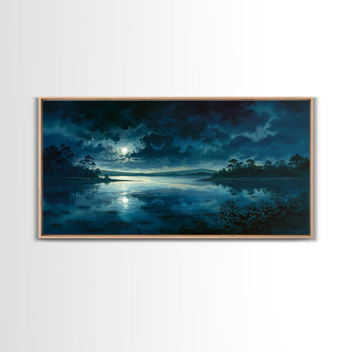 Dreamlike Moonlit Lake Framed Canvas Print, General Fine Art, Art, Living Room Decor, Fine Art, Mid Century Modern, GEN-2x1-33