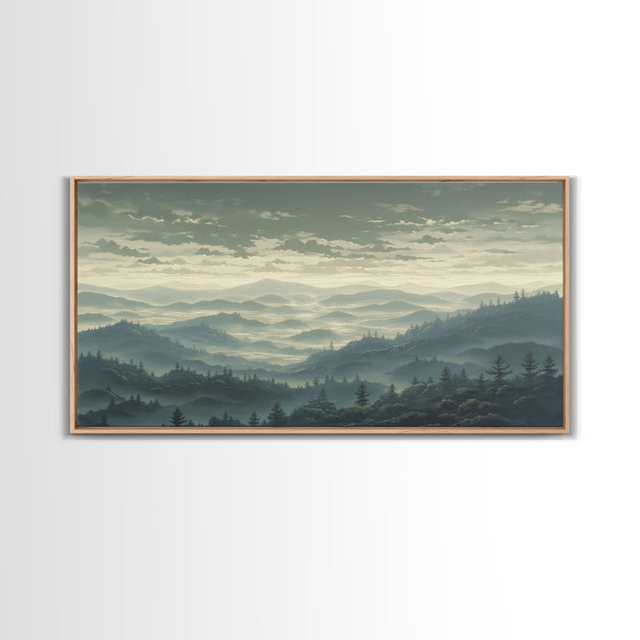Misty Mountain Valley Framed Canvas Print, General Fine Art, Art Prints, Living Room Decor, Fine Art, Wall Hanging, GEN-2x1-72