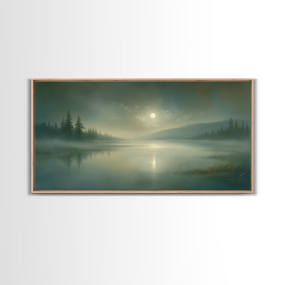 Dreamlike Moonlit Lake Framed Canvas Print, General Fine Art, Wall Art Prints, Living Room Decor, Watercolor Art, GEN-2x1-81
