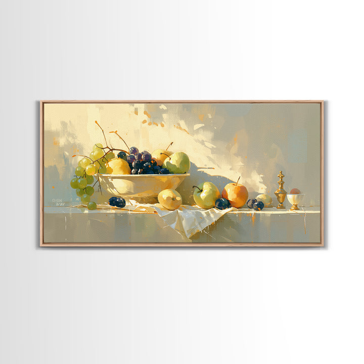 Simple Still Life of Fruit and Linen Framed Canvas Print, General Fine Art, Oil Painting, Living Room Decor, Abstract Art, GEN-2x1-84