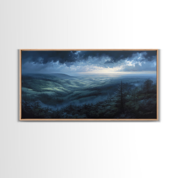 Misty Mountain Valley Framed Canvas Print, General Fine Art, Art Deco, Living Room Decor, Fine Art, Fine Art Print, GEN-2x1-96