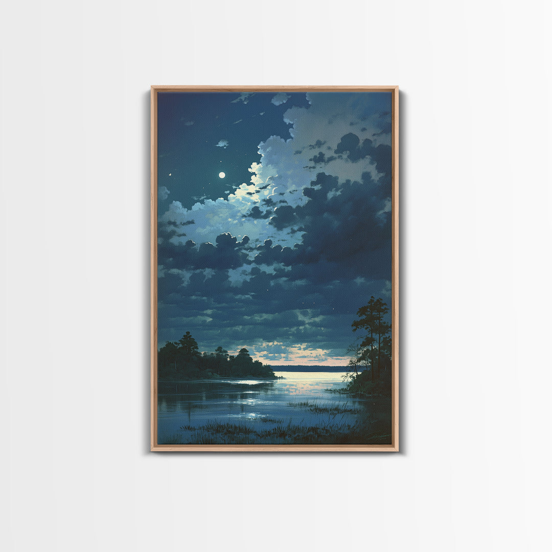 Dreamlike Moonlit Lake Framed Canvas Print, General Fine Art, Decor, Living Room Decor, Fine Art, Digital Wall Art, GEN-2x3-21
