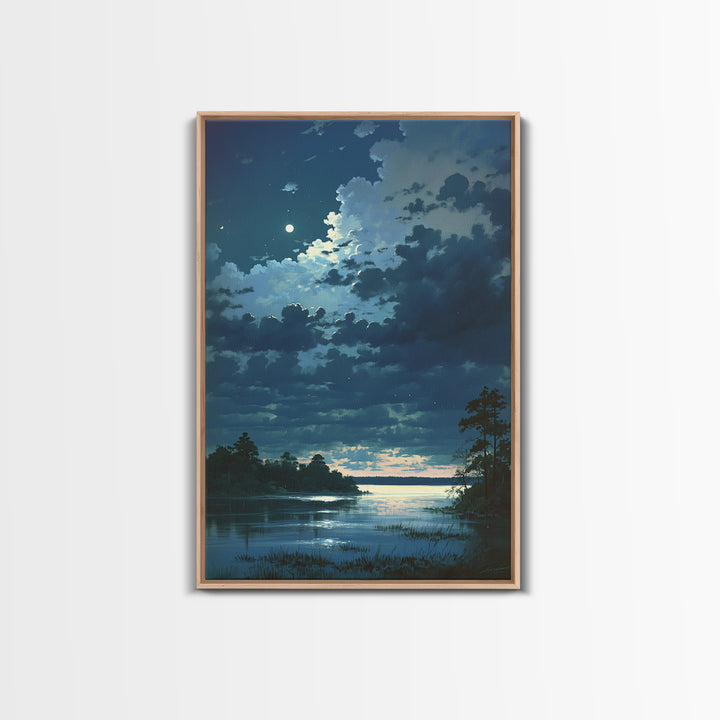 Dreamlike Moonlit Lake Framed Canvas Print, General Fine Art, Decor, Living Room Decor, Fine Art, Digital Wall Art, GEN-2x3-21