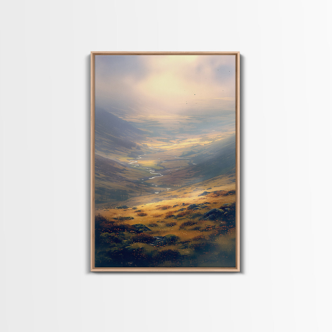 Misty Mountain Valley Framed Canvas Print, General Fine Art, Digital Print, Living Room Decor, Watercolor Art, GEN-2x3-36