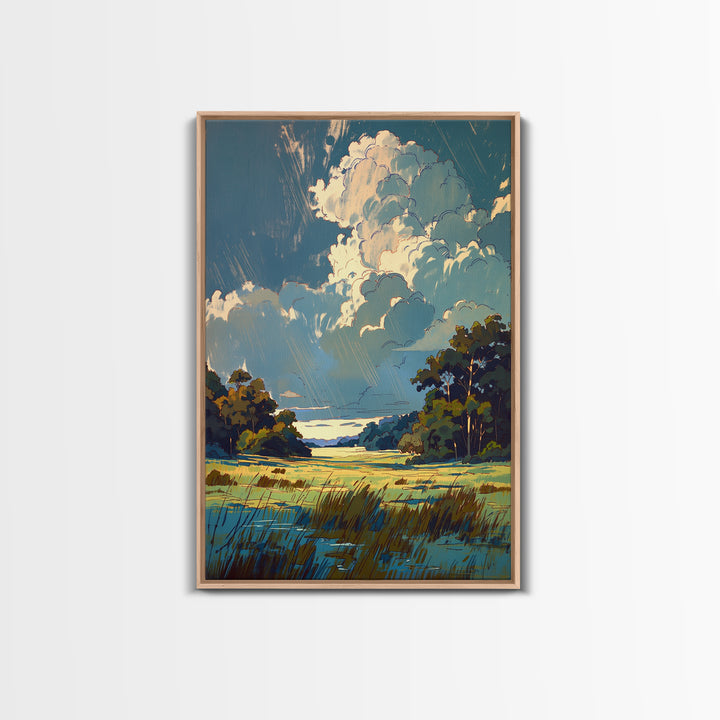 Sunlit Meadow with Loose Impressionist Brushwork Framed Canvas Print, General Fine Art, Poster, Living Room Decor, Fine Art, GEN-2x3-46