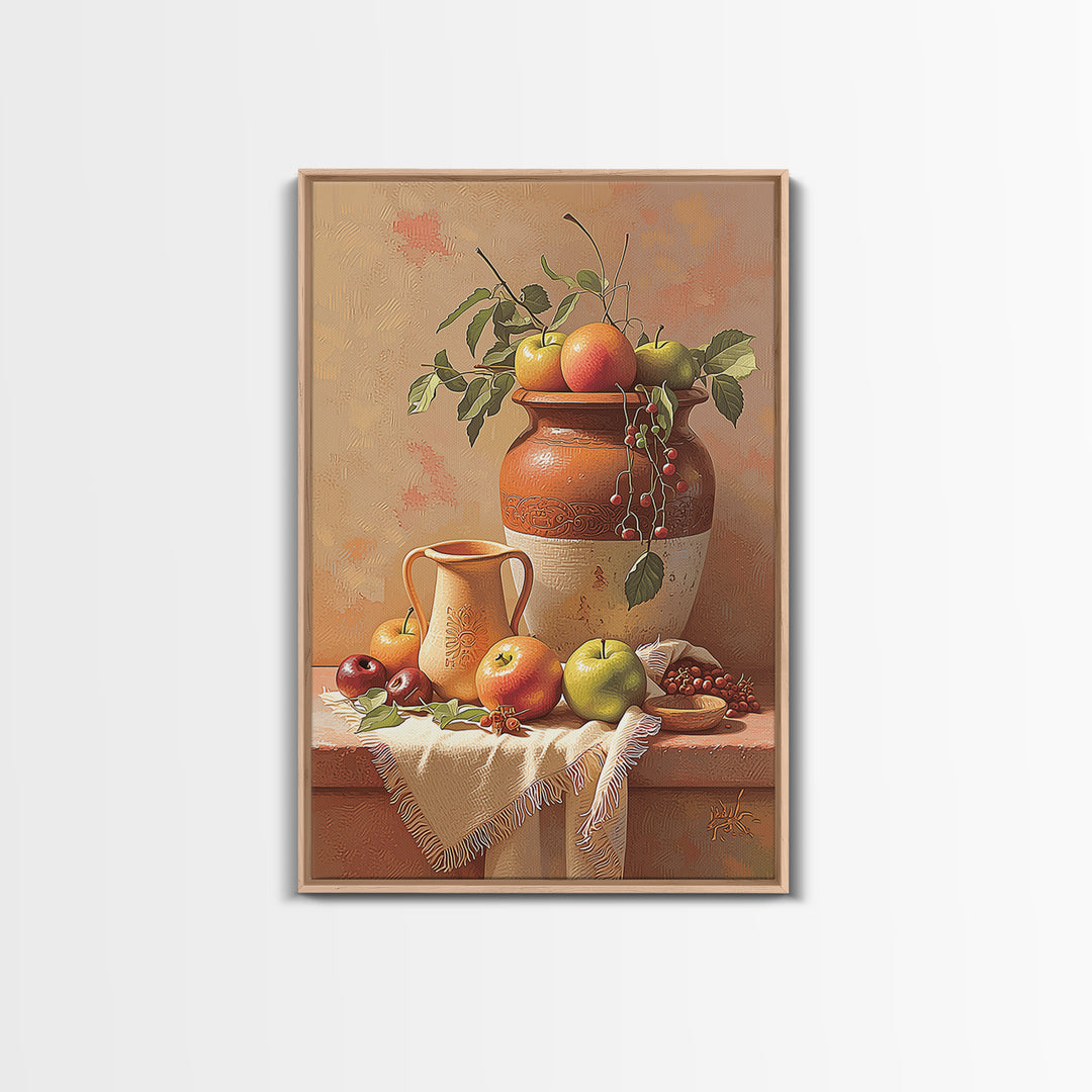 Simple Still Life of Fruit and Linen Framed Canvas Print, General Fine Art, Home Decor, Living Room Decor, Abstract Art, GEN-2x3-48