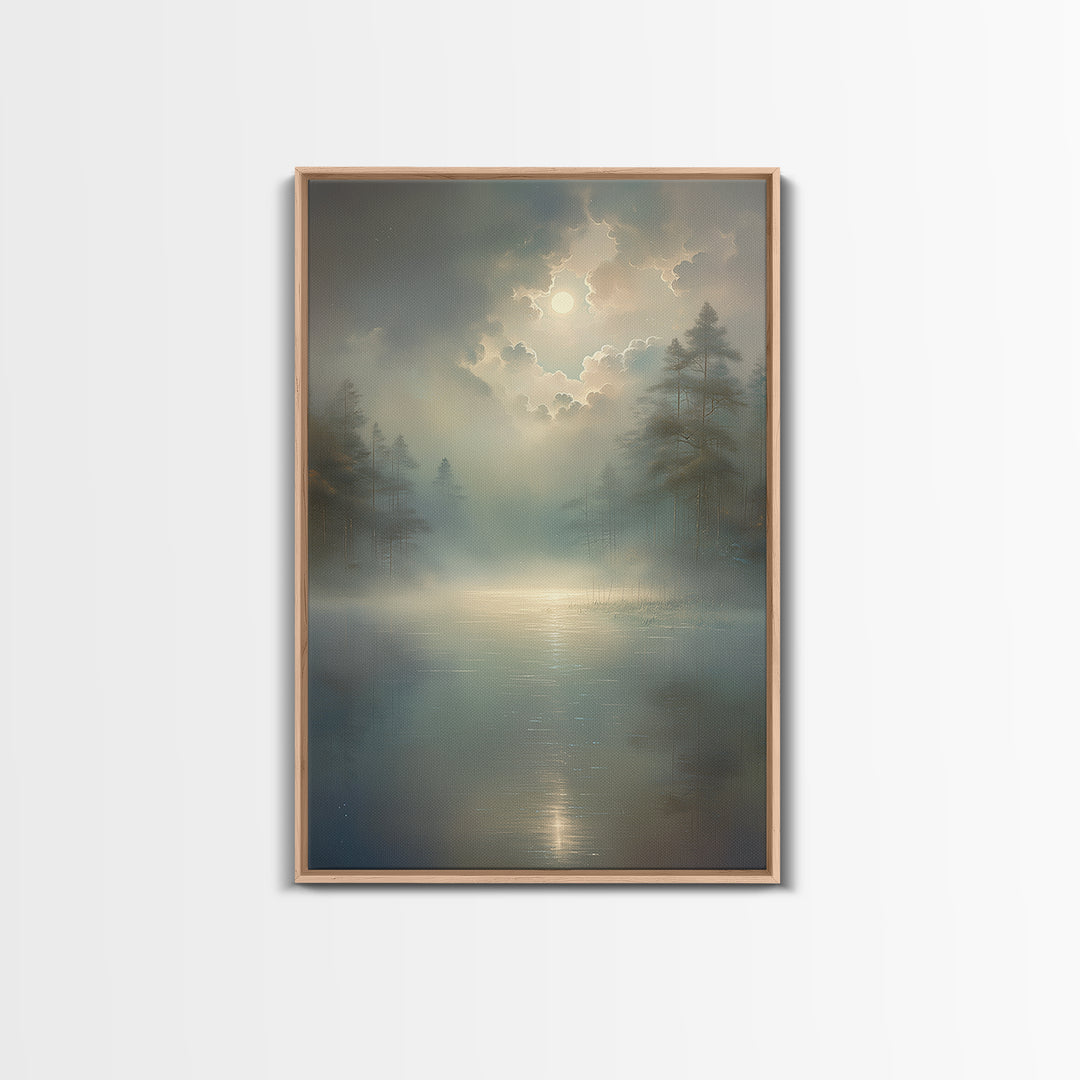 Dreamlike Moonlit Lake Framed Canvas Print, General Fine Art, Oil Painting, Living Room Decor, Fine Art, Gallery Decor, GEN-2x3-69