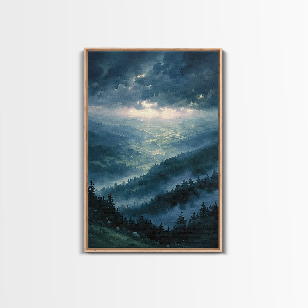Misty Mountain Valley Framed Canvas Print, General Fine Art, Modern Decor, Living Room Decor, Fine Art, Poster, GEN-2x3-84