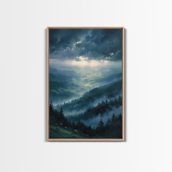 Misty Mountain Valley Framed Canvas Print, General Fine Art, Modern Decor, Living Room Decor, Fine Art, Poster, GEN-2x3-84