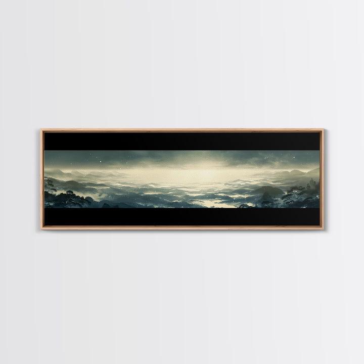 Elegant Ink Wash Landscape Framed Canvas Print, General Fine Art, Framed Wall Art, Living Room Decor, Watercolor Art, GEN-3x1-12