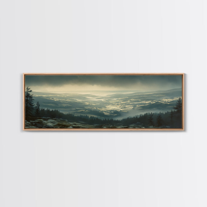Misty Mountain Valley Framed Canvas Print, General Fine Art, Modern Decor, Living Room Decor, Fine Art, Poster, GEN-3x1-44