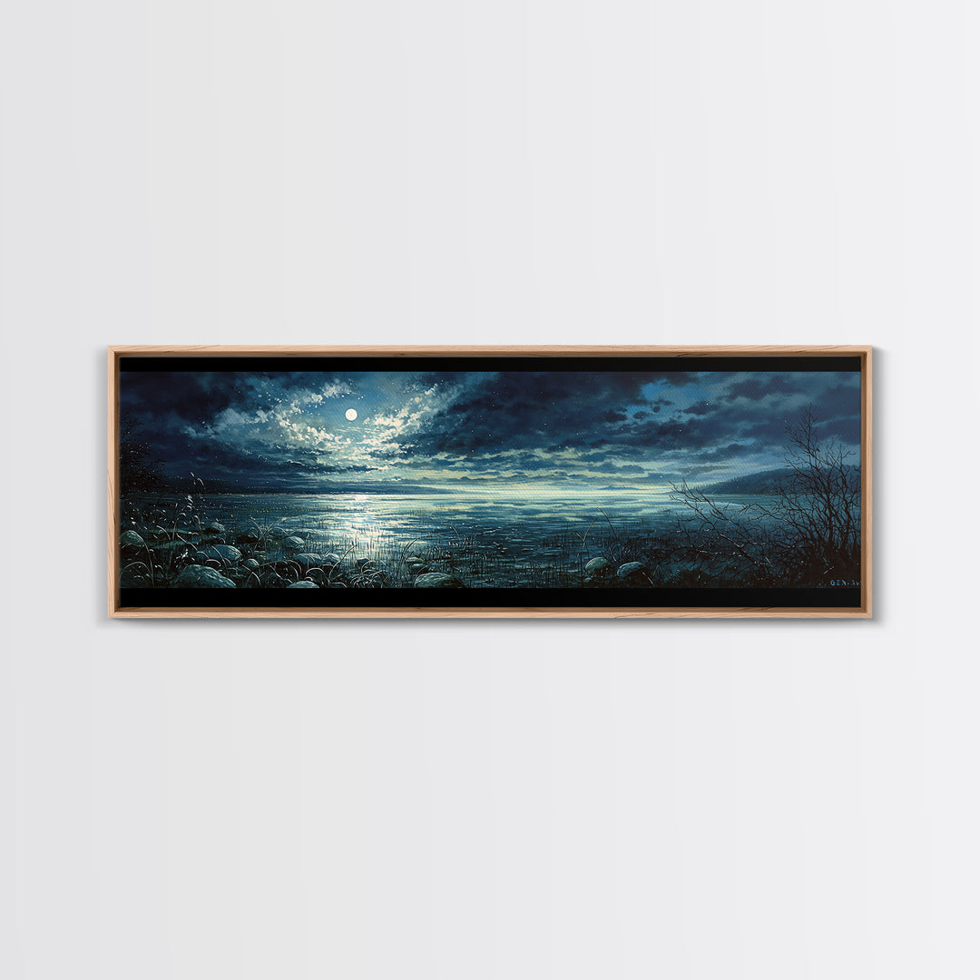Dreamlike Moonlit Lake Framed Canvas Print, General Fine Art, Wall Art Prints, Living Room Decor, Watercolor Art, GEN-3x1-5