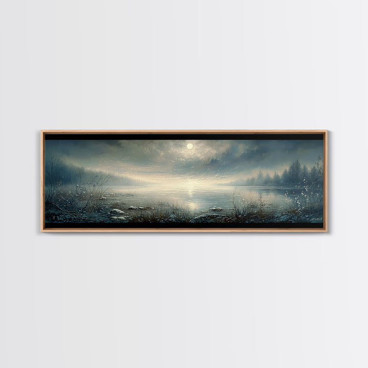 Dreamlike Moonlit Lake Framed Canvas Print, General Fine Art, Abstract Art, Living Room Decor, Oil Painting, GEN-3x1-53