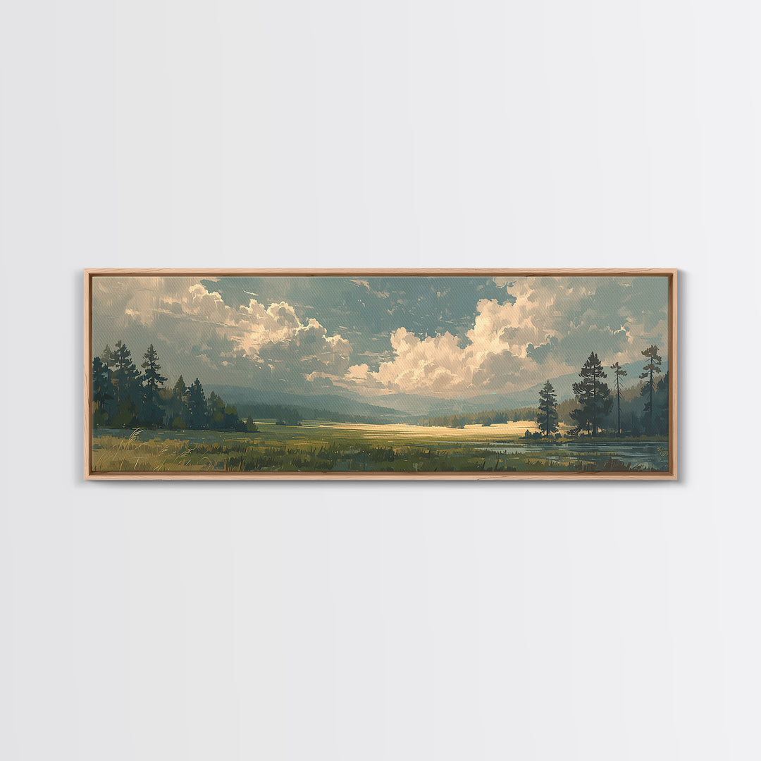 Sunlit Meadow with Loose Impressionist Brushwork Canvas Print, General Fine Art, Framed Wall Art, Living Room Decor, GEN-3x1-6