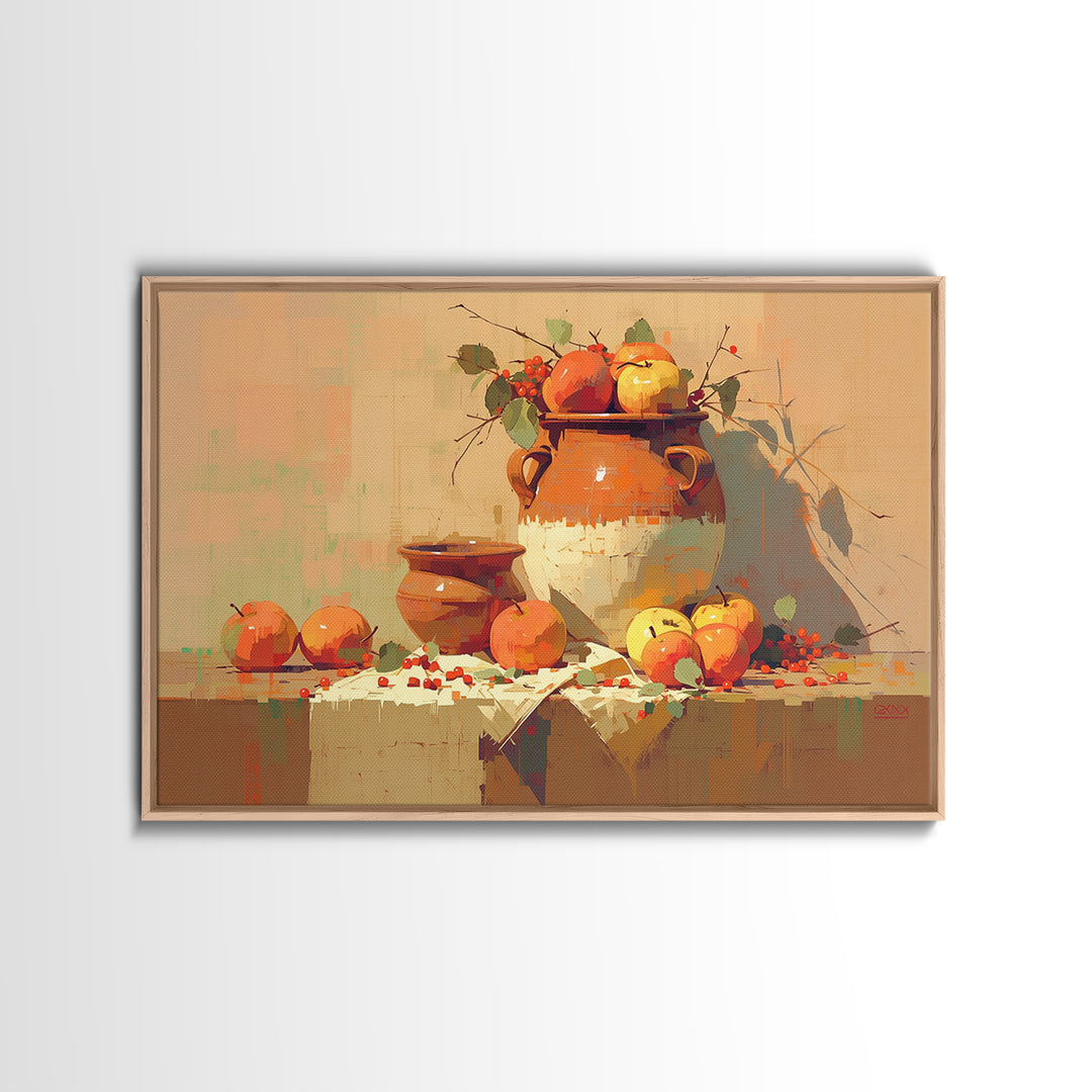 Simple Still Life of Fruit and Linen Framed Canvas Print, General Fine Art, Art Nouveau, Living Room Decor, Abstract Art, GEN-3x2-20