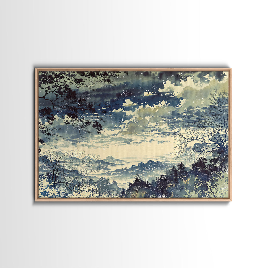 Elegant Ink Wash Landscape Framed Canvas Print, General Fine Art, Framed Wall Art, Living Room Decor, Watercolor Art, GEN-3x2-24