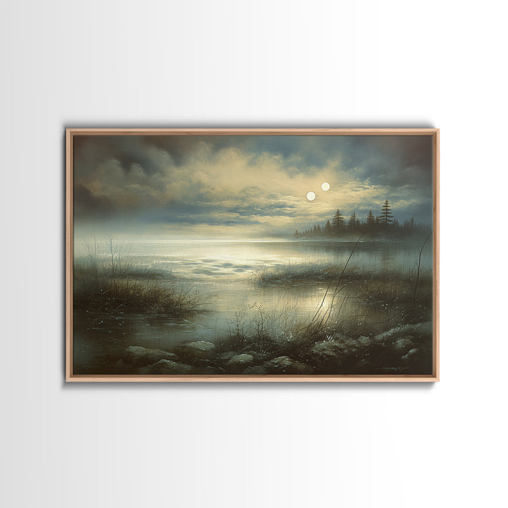 Dreamlike Moonlit Lake Framed Canvas Print, General Fine Art, Digital Print, Living Room Decor, Watercolor Art, GEN-3x2-41