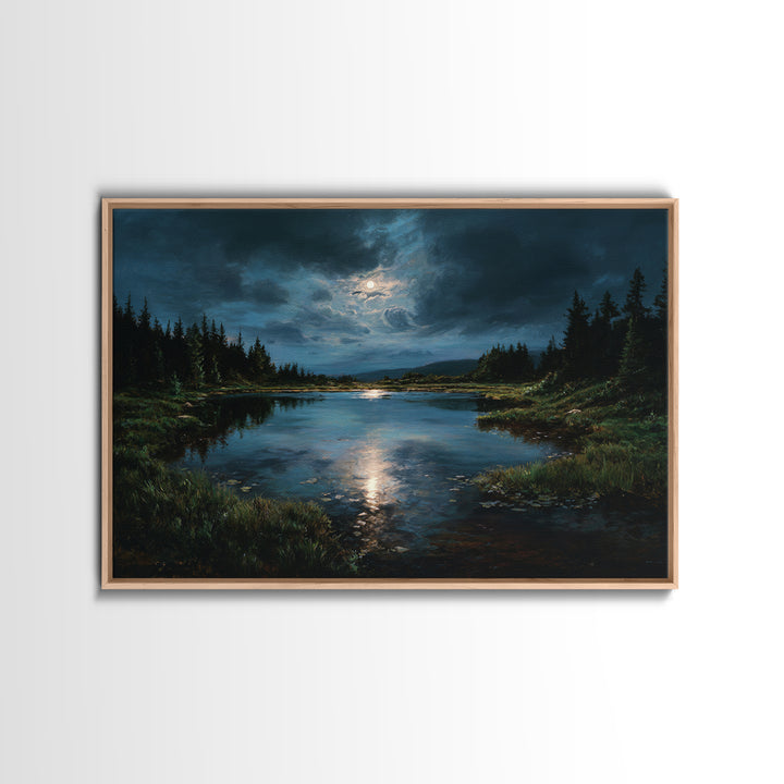 Dreamlike Moonlit Lake Framed Canvas Print, General Fine Art, Digital Print, Living Room Decor, Watercolor Art, GEN-3x2-65