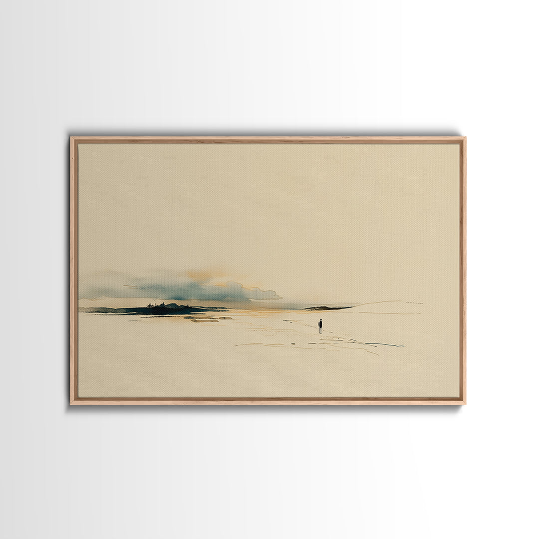 Minimal Black Line Figure on Textured Paper Framed Canvas Print, General Fine Art, Digital Art, Living Room Decor, Fine Art, GEN-3x2-7