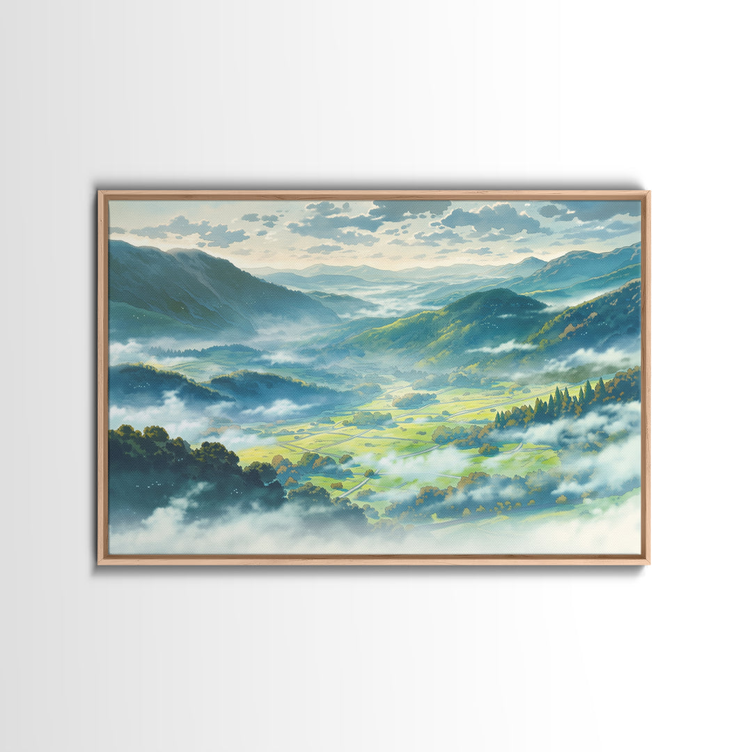 Misty Mountain Valley Framed Canvas Print, General Fine Art, Art Deco, Living Room Decor, Fine Art, Fine Art Print, GEN-3x2-8