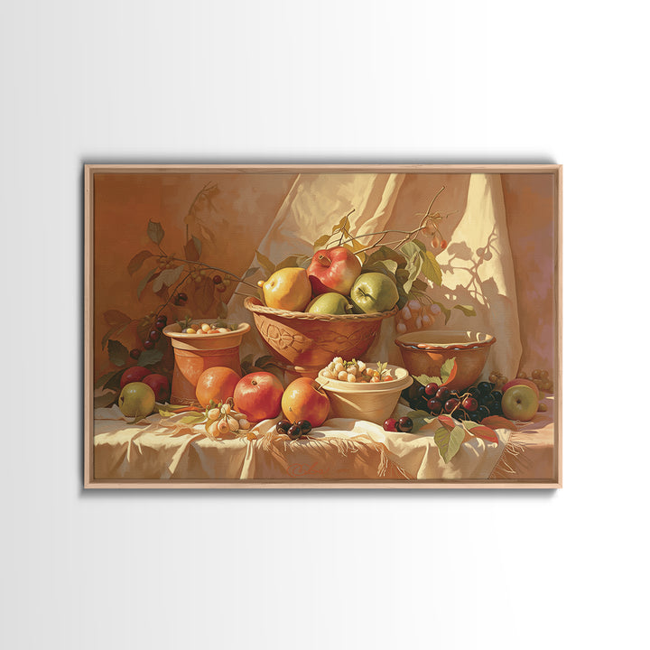 Simple Still Life of Fruit and Linen Framed Canvas Print, General Fine Art, Art, Living Room Decor, Abstract Art, GEN-3x2-92