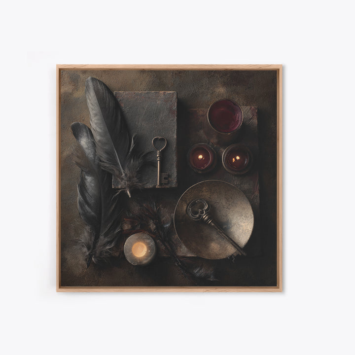 Crow Feathers and Antique Key Still Life Framed Canvas Print, Gothic Art, Halloween Decor, Living Room Decor, Fine Art, Gothic, GOT-1x1-12