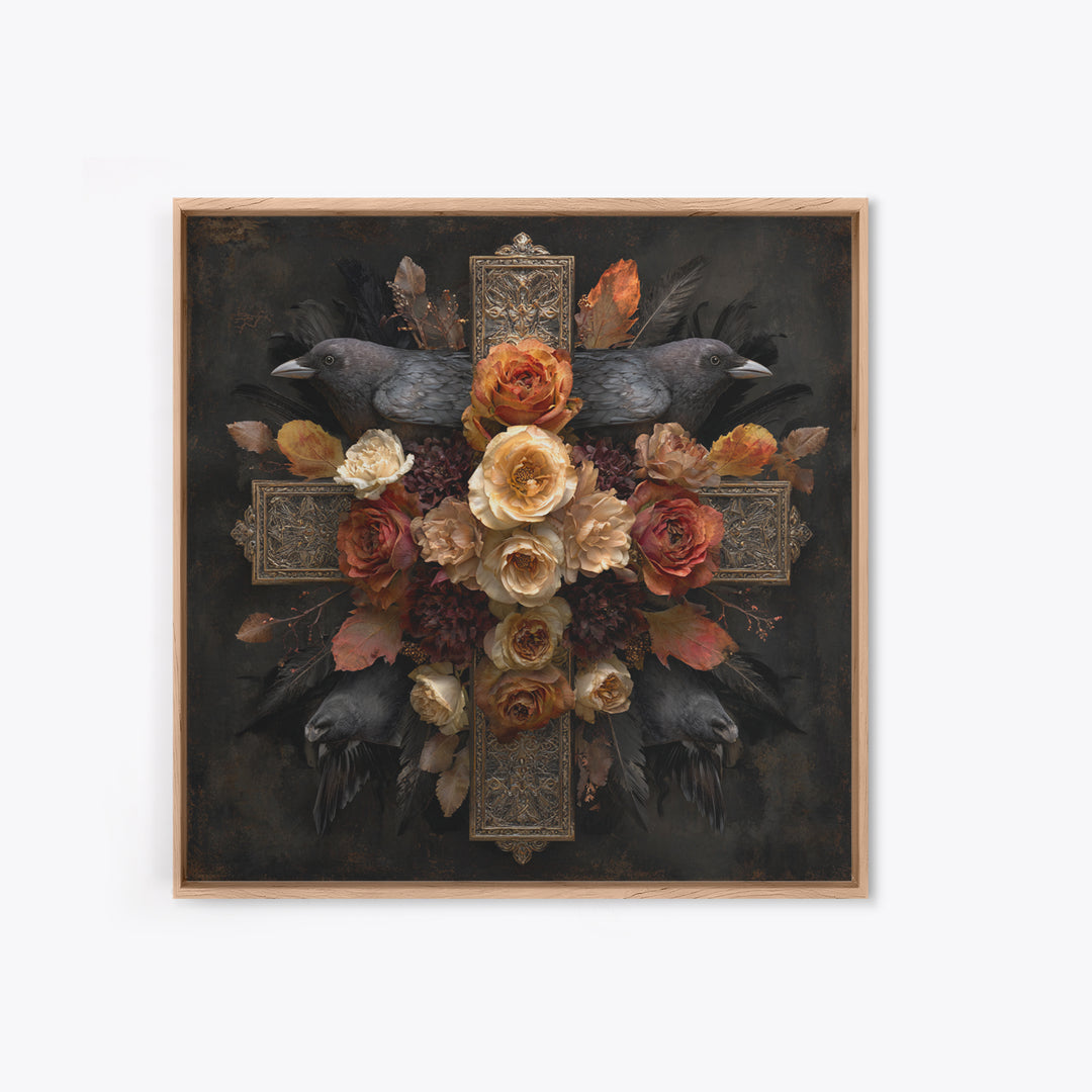 Ornate Cross and Roses Dramatic Still Life Canvas Print, Gothic Art, Art Print, Living Room Decor, Gothic, Whimsigoth Decor, GOT-1x1-20